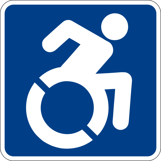 Accessibility forward logo. An icon of a person in a wheelchair ready to take off.