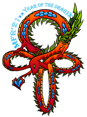 MFR 2021 Dragyn Logo. A long and thin dragon in the shape of the venus symbol.